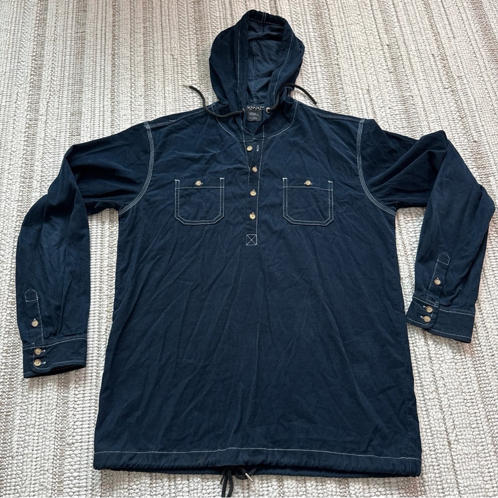 Jiberish Pullover Hoodie Mens XXL Blue Corduroy Double Pocket Button Hooded